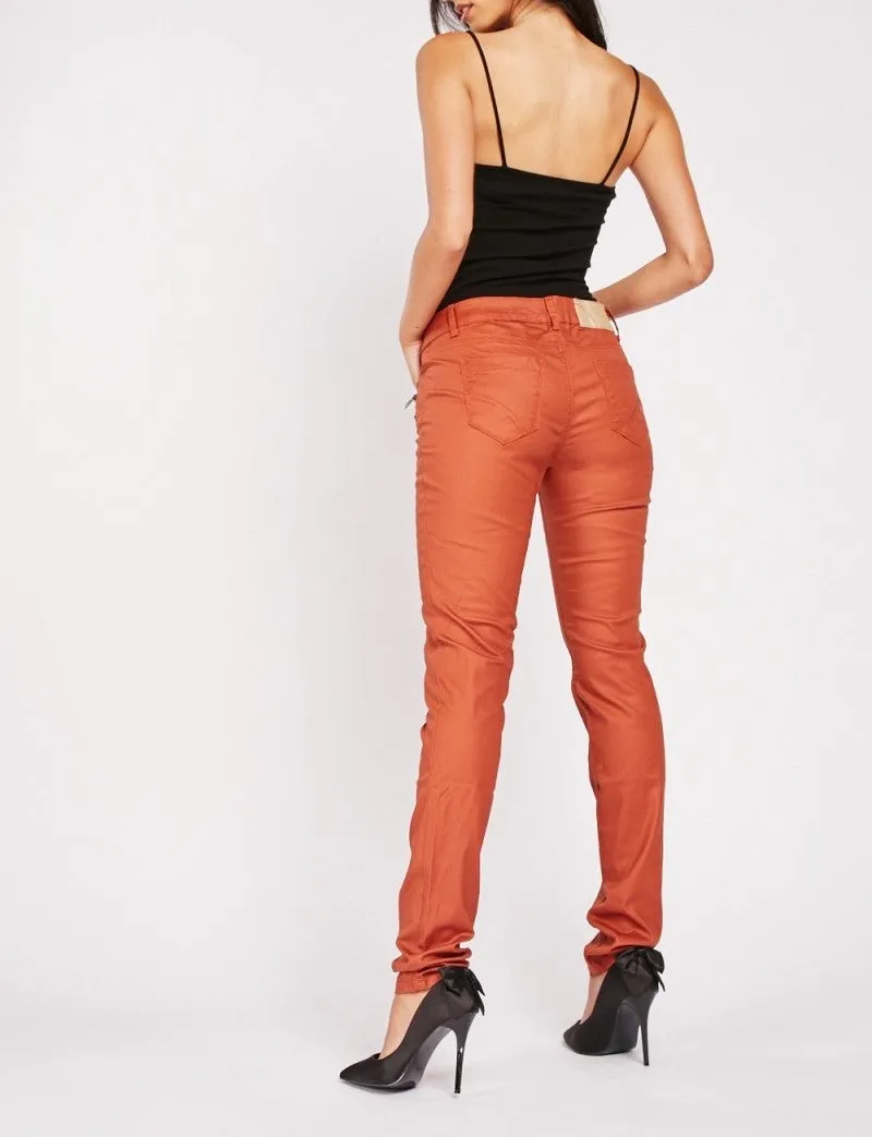 Ladies Rust Coated Skinny Decorative Zip Pockets Mid Rise Smart Trousers
