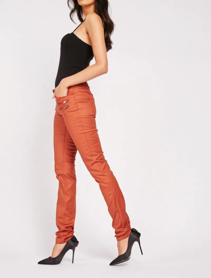 Ladies Rust Coated Skinny Decorative Zip Pockets Mid Rise Smart Trousers