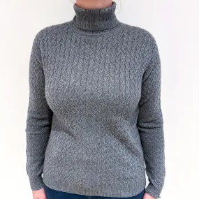 Steel Grey Cable Cashmere Polo Neck Jumper Large
