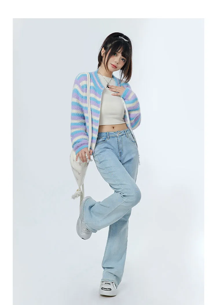 Striped Black Blue Star Zipped Up Knitted Jacket Sweater