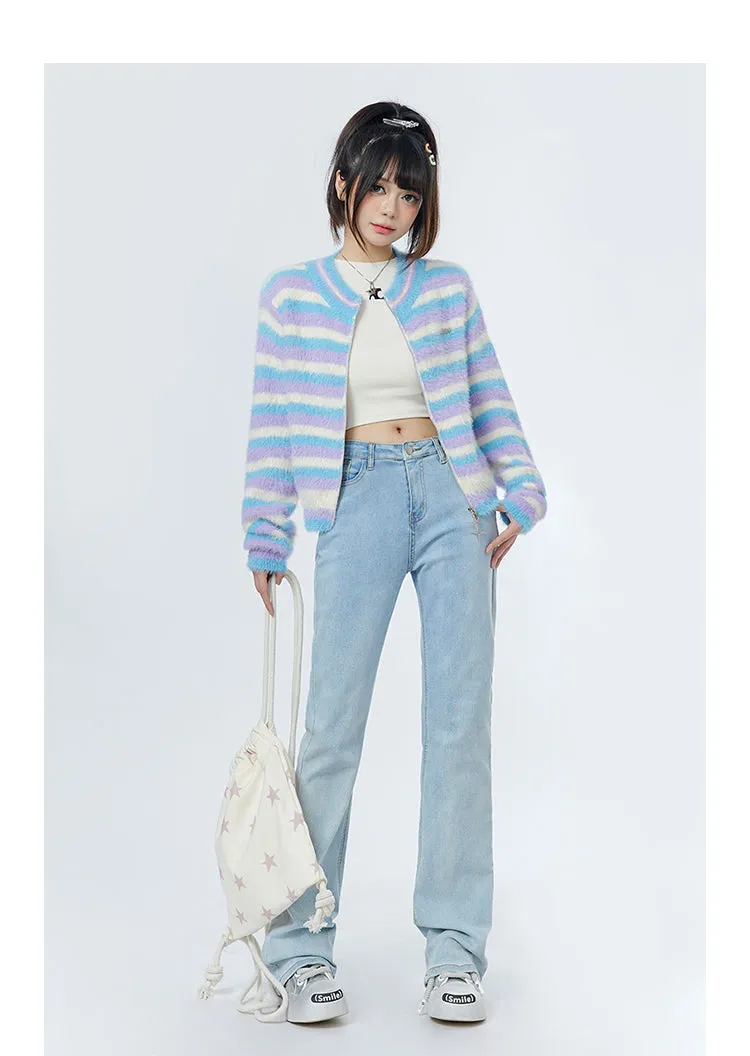Striped Black Blue Star Zipped Up Knitted Jacket Sweater