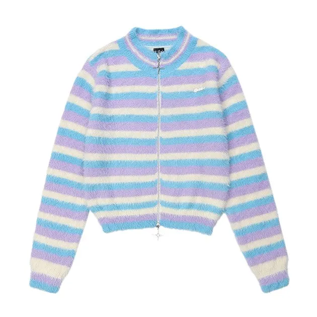 Striped Black Blue Star Zipped Up Knitted Jacket Sweater