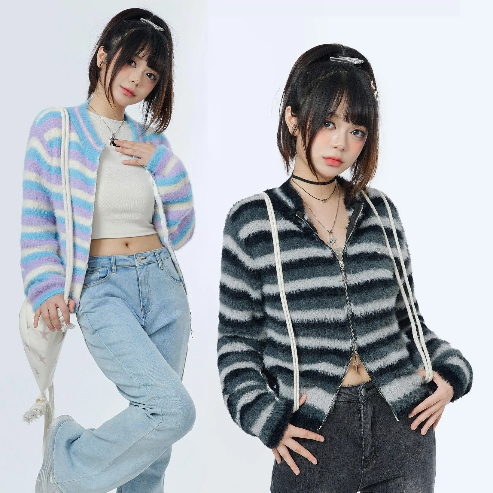 Striped Black Blue Star Zipped Up Knitted Jacket Sweater