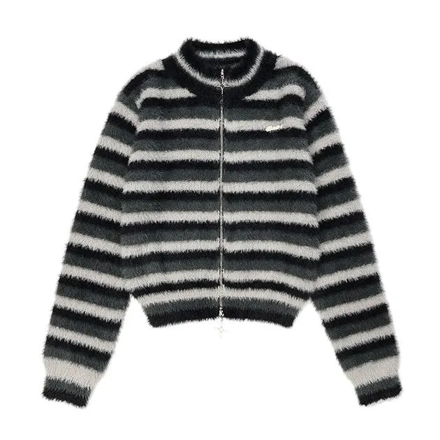 Striped Black Blue Star Zipped Up Knitted Jacket Sweater