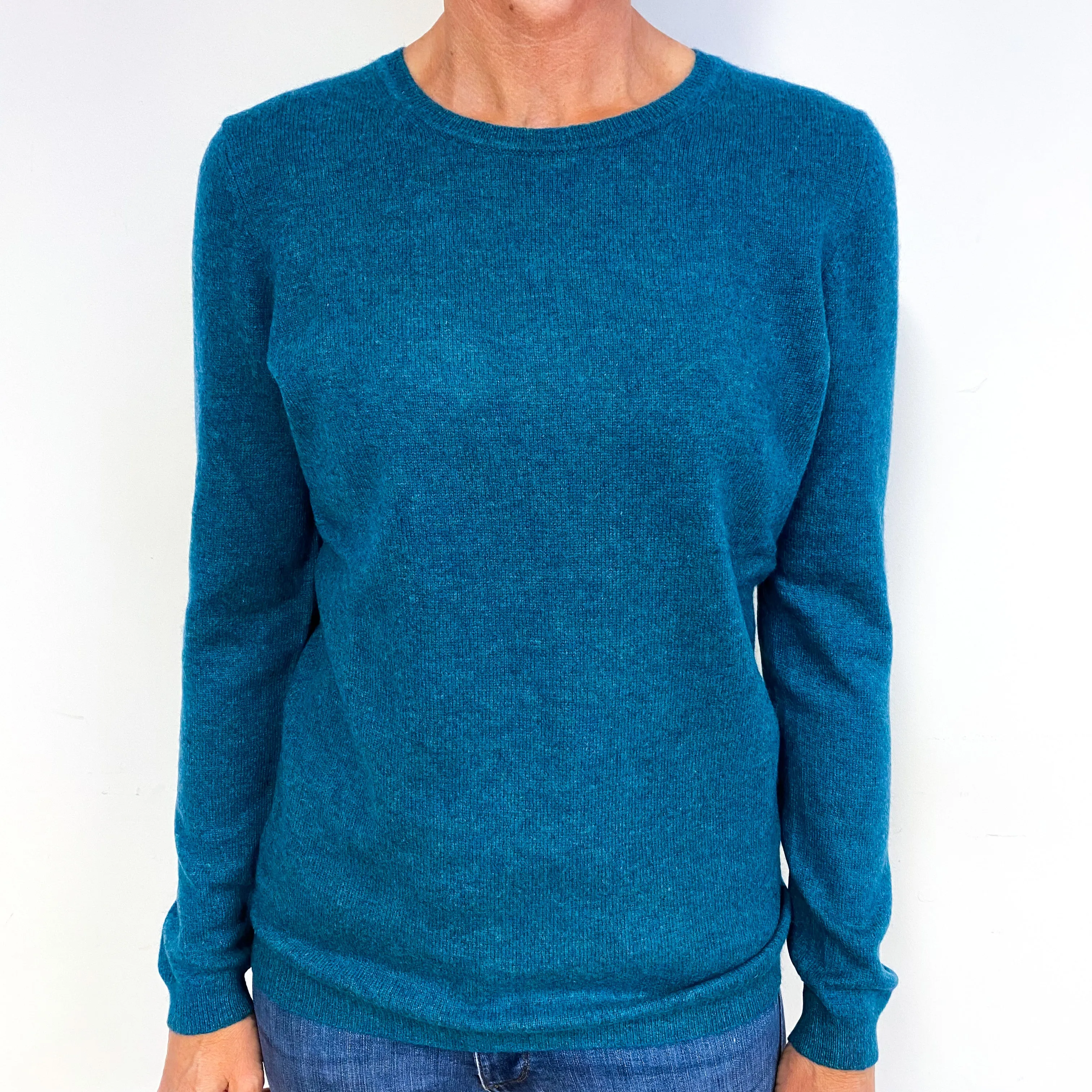Teal Green Marl Knit Cashmere Crew Neck Jumper Medium