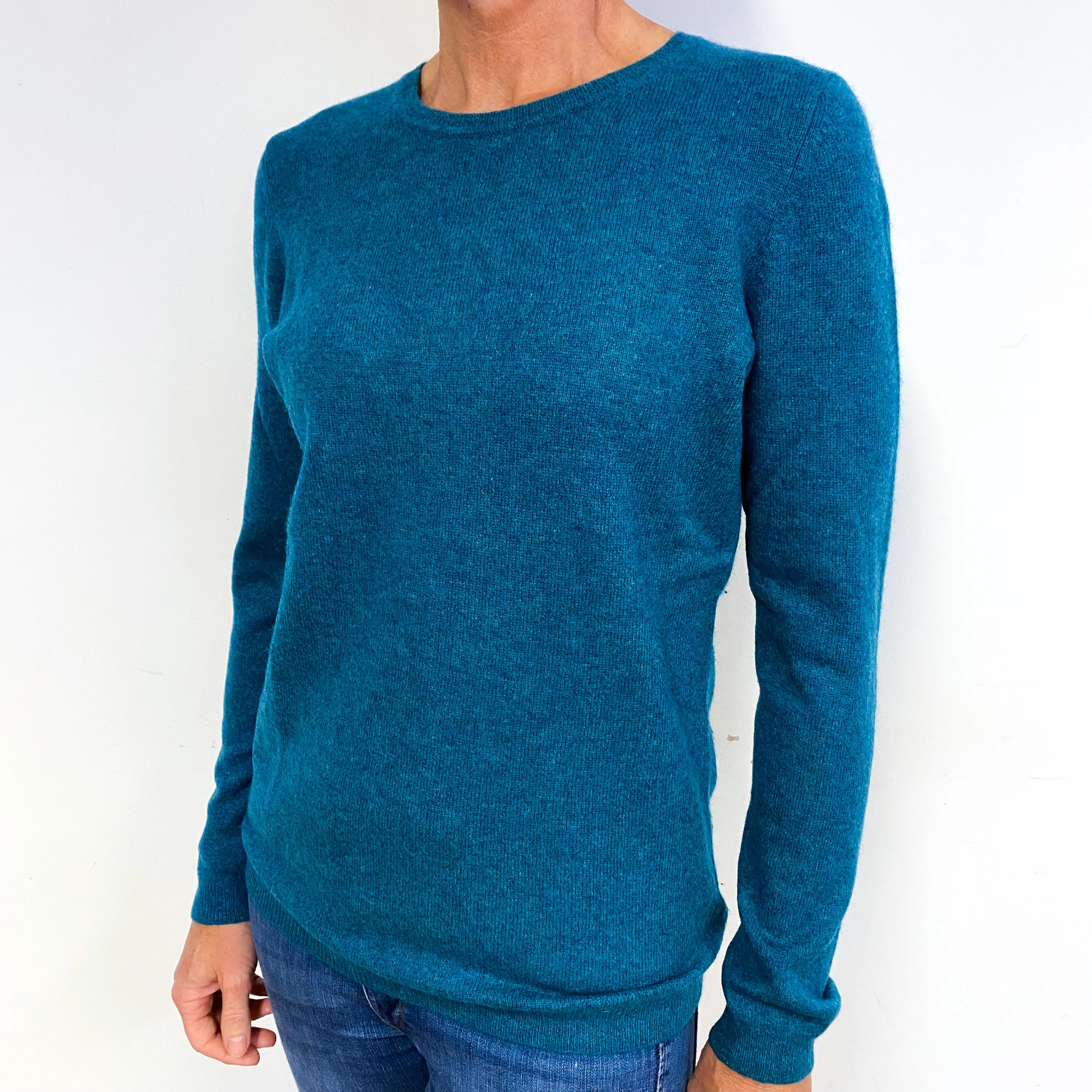 Teal Green Marl Knit Cashmere Crew Neck Jumper Medium