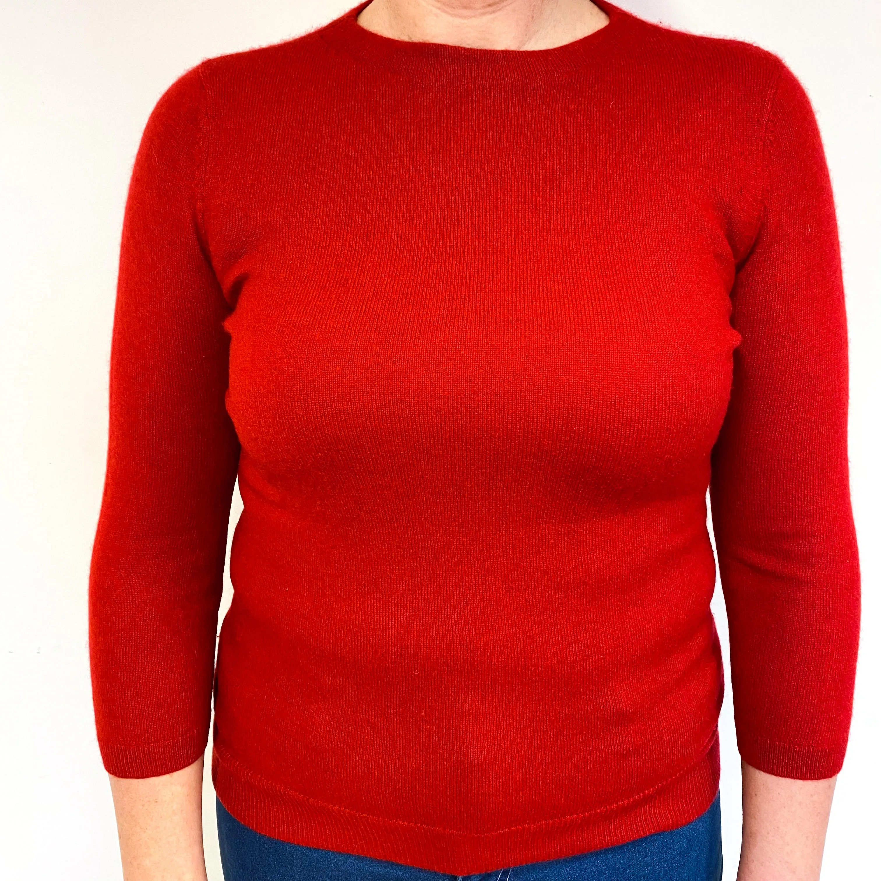 Tomato Red Cashmere Crew Neck Jumper Large Slim Fit
