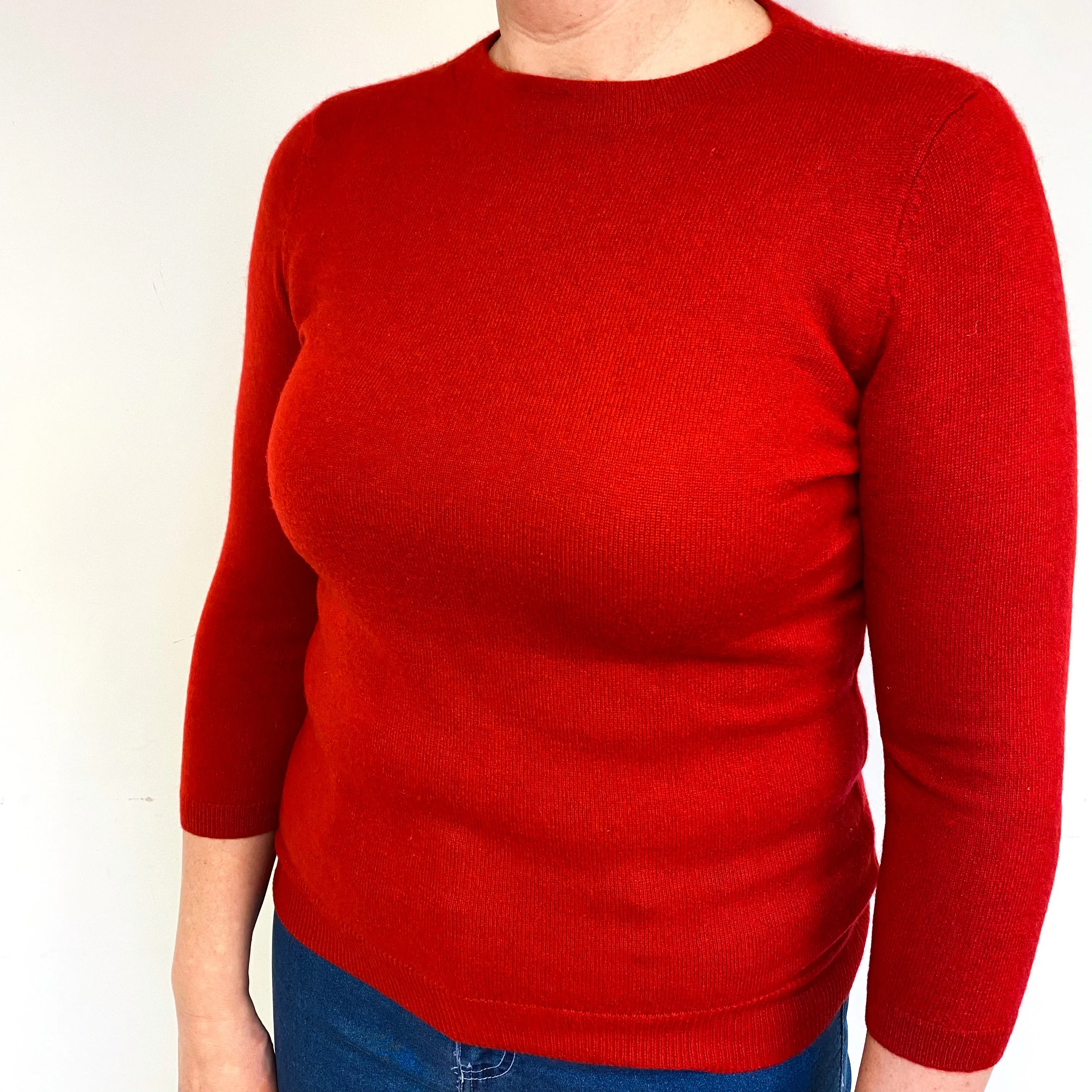 Tomato Red Cashmere Crew Neck Jumper Large Slim Fit