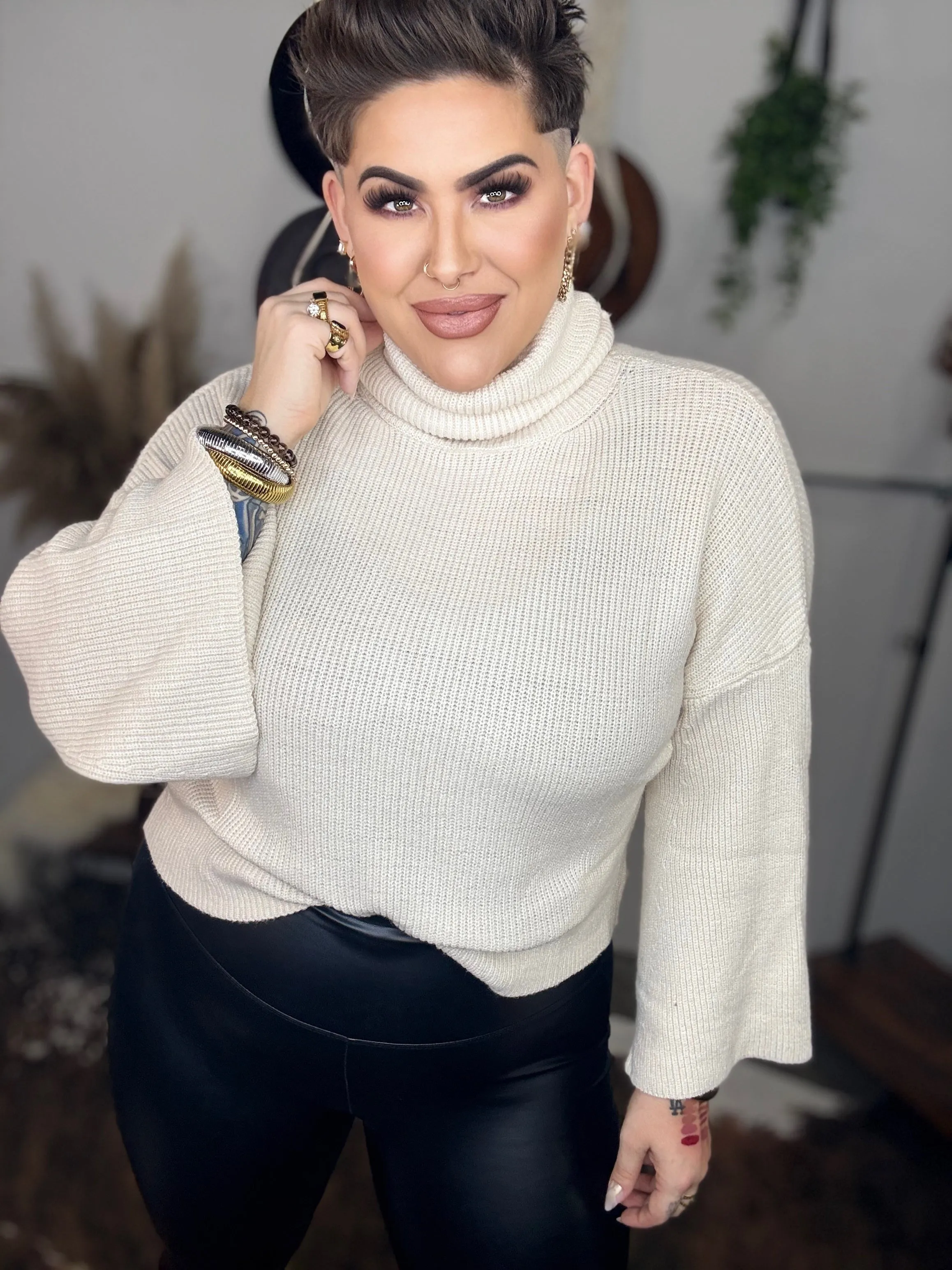 Turtleneck Bell Sleeve Crop Sweater