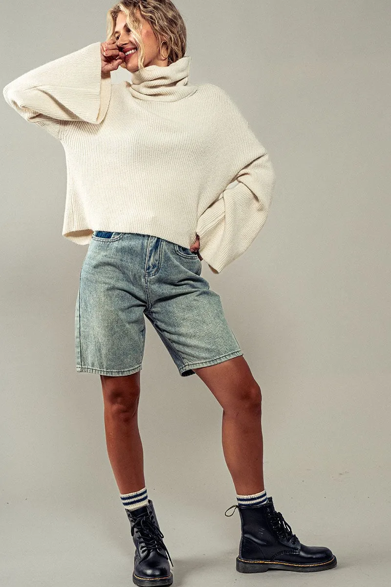Turtleneck Bell Sleeve Crop Sweater